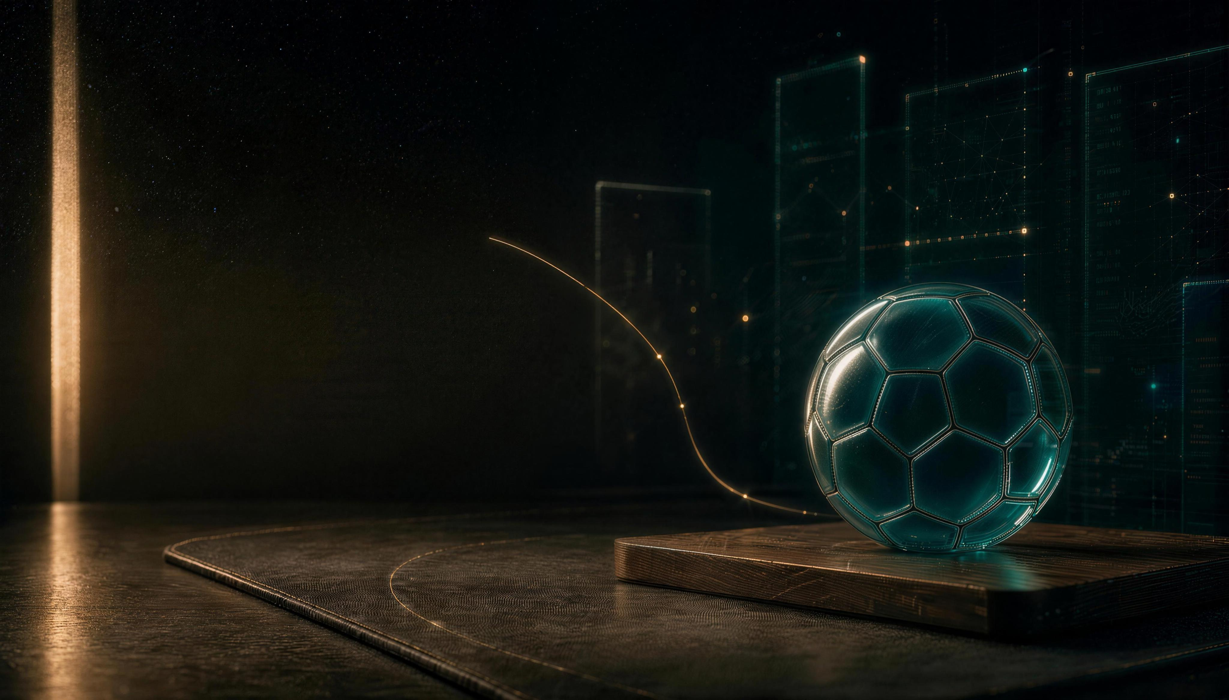 Dark petrol-and-bronze editorial scene with a custom teal glass soccer ball and faint real-time telemetry.