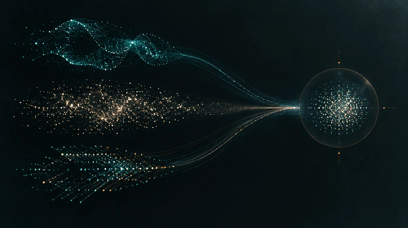 Three luminous constellations of points, each with a different geometry, converging into one calibrated field.