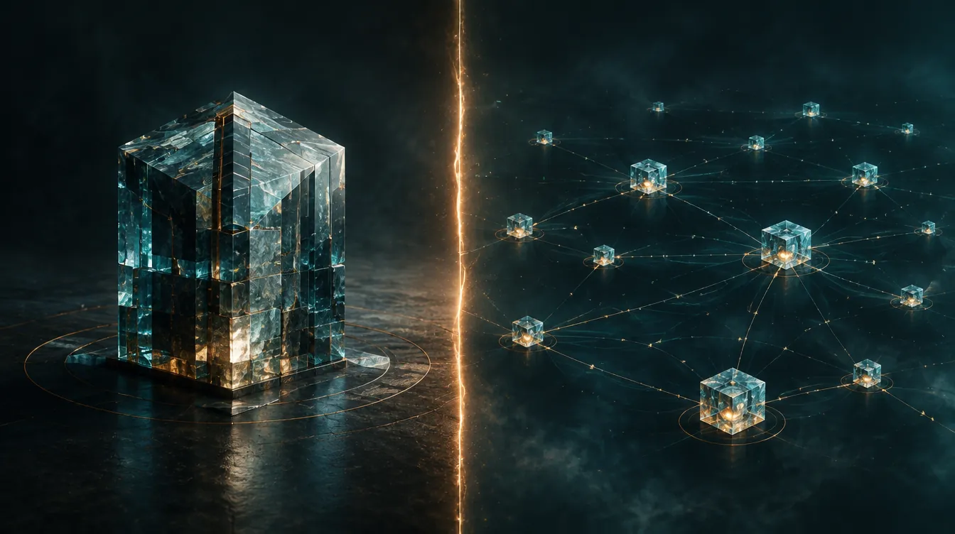 A dense centralized crystalline monolith on the left against a distributed constellation of luminous nodes on the right, divided by a seam of light.