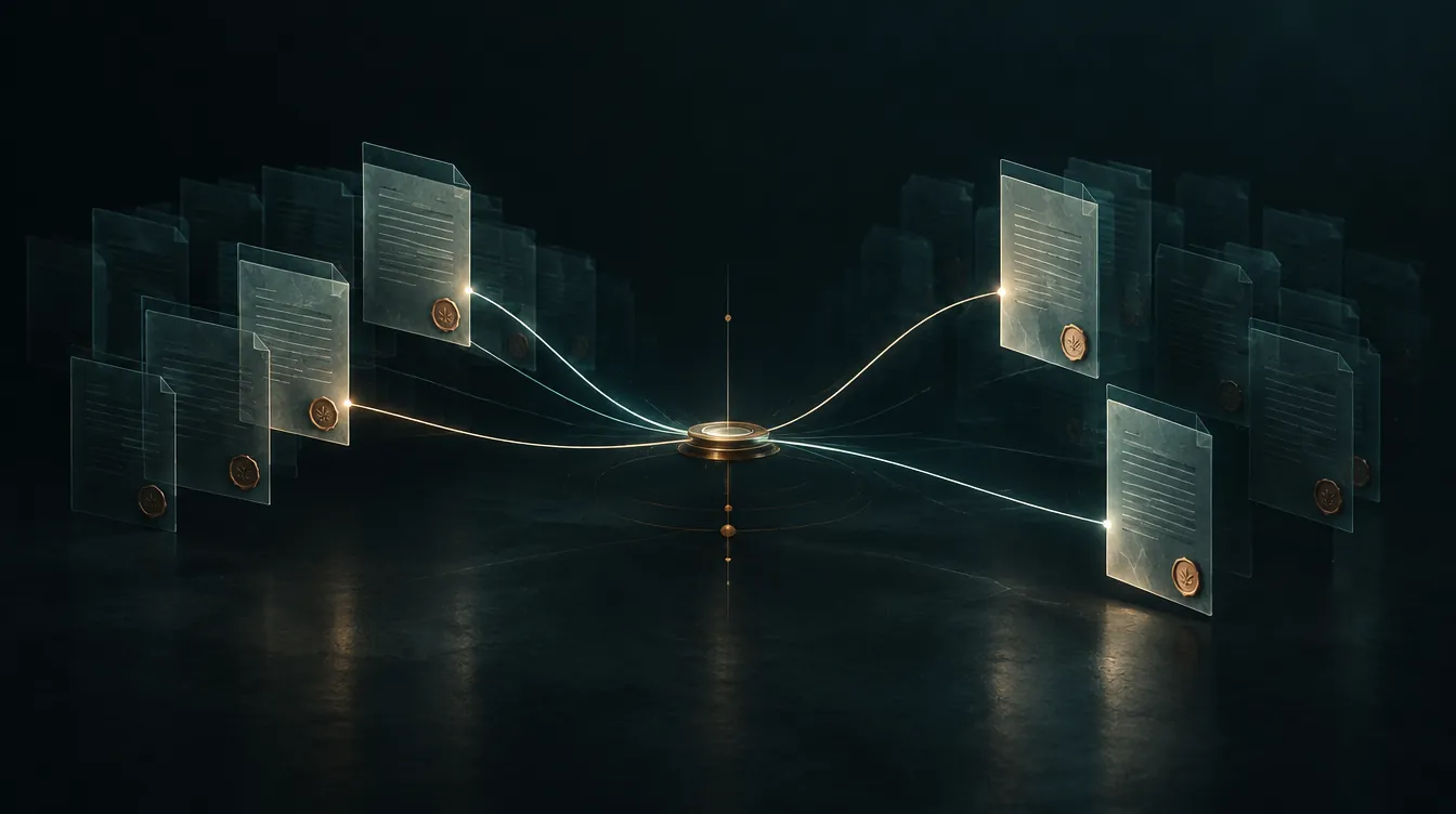 Layered translucent document panels, each marked with a signature seal, radiating from a central routing node.